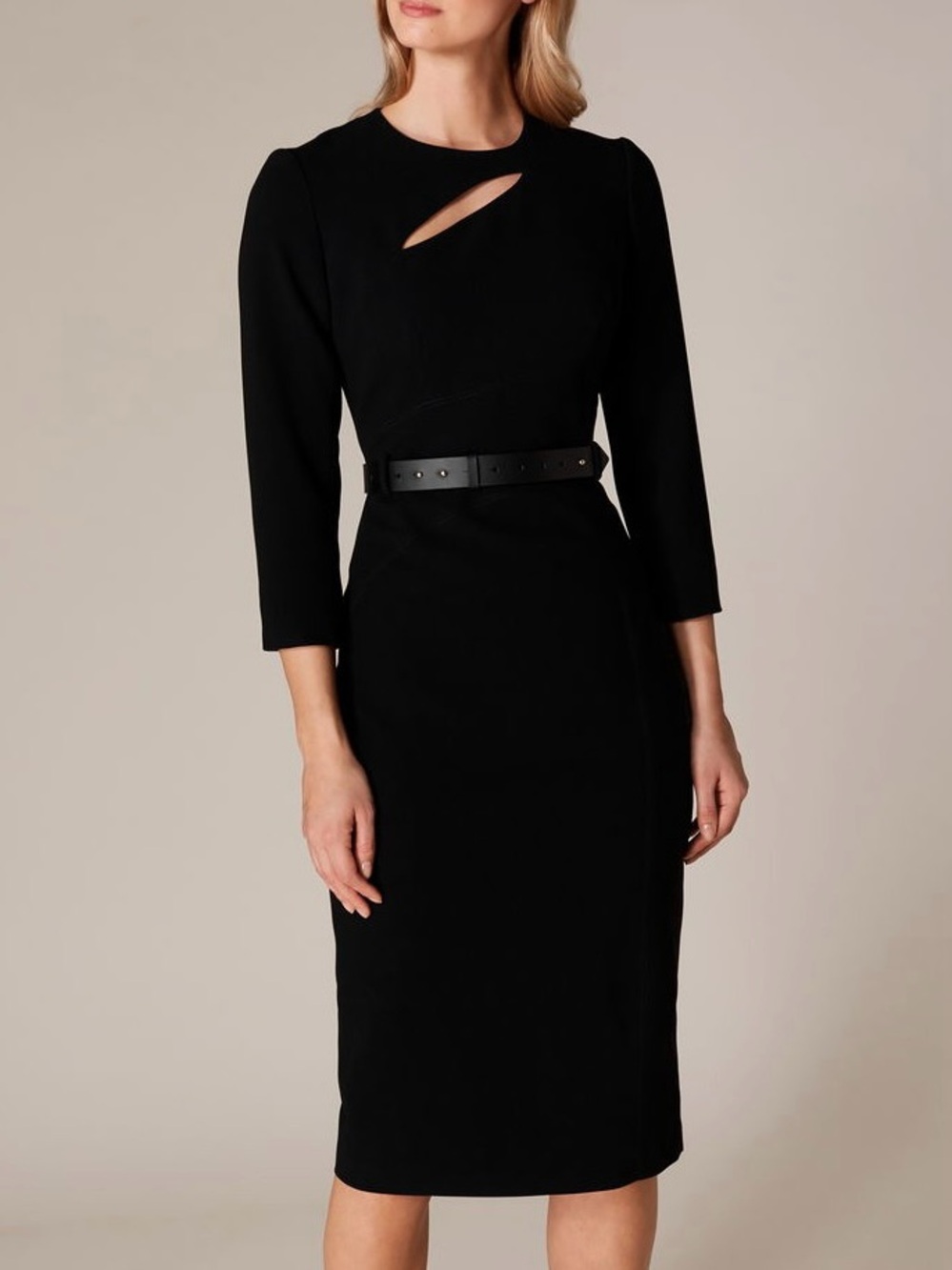 $409 Karen Millen Structural Leather Belt Dress Luxury Business Office Size 6
